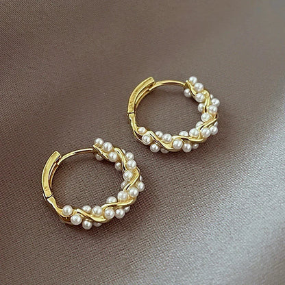 Elegant French Imitation Pearl Hoop Earrings