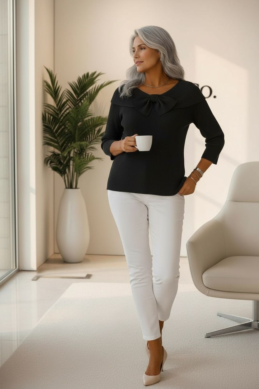 Sweater with Bow and Round Neckline