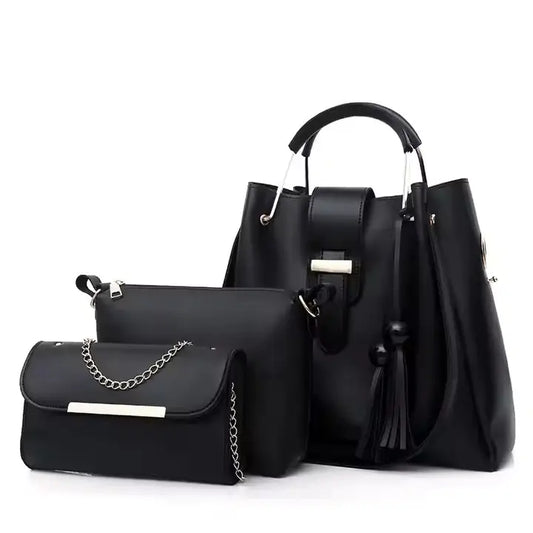 Isla – Stylish 3-Piece Black Bag Ensemble with Silver Hardware