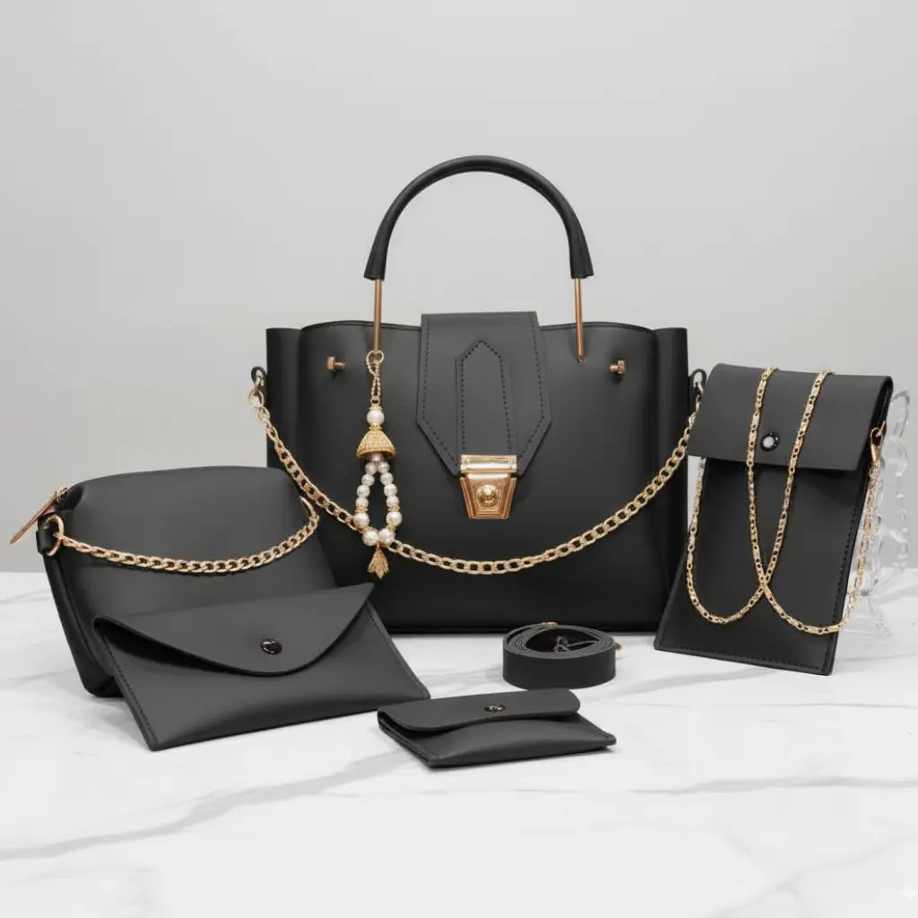 Livia – 5-Piece Black Handbag Set with Gold Accents