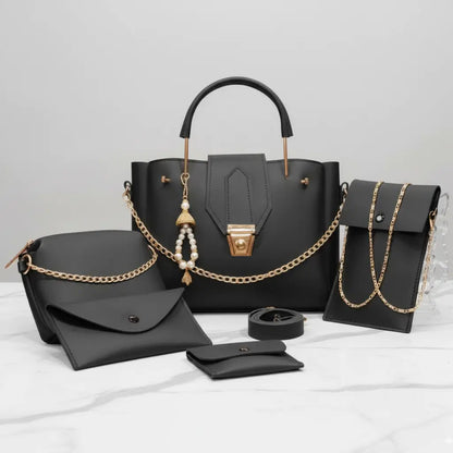 Livia – 5-Piece Black Handbag Set with Gold Accents