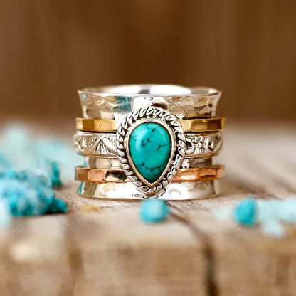 Retro Turquoise Inlay Gold and Silver Ring