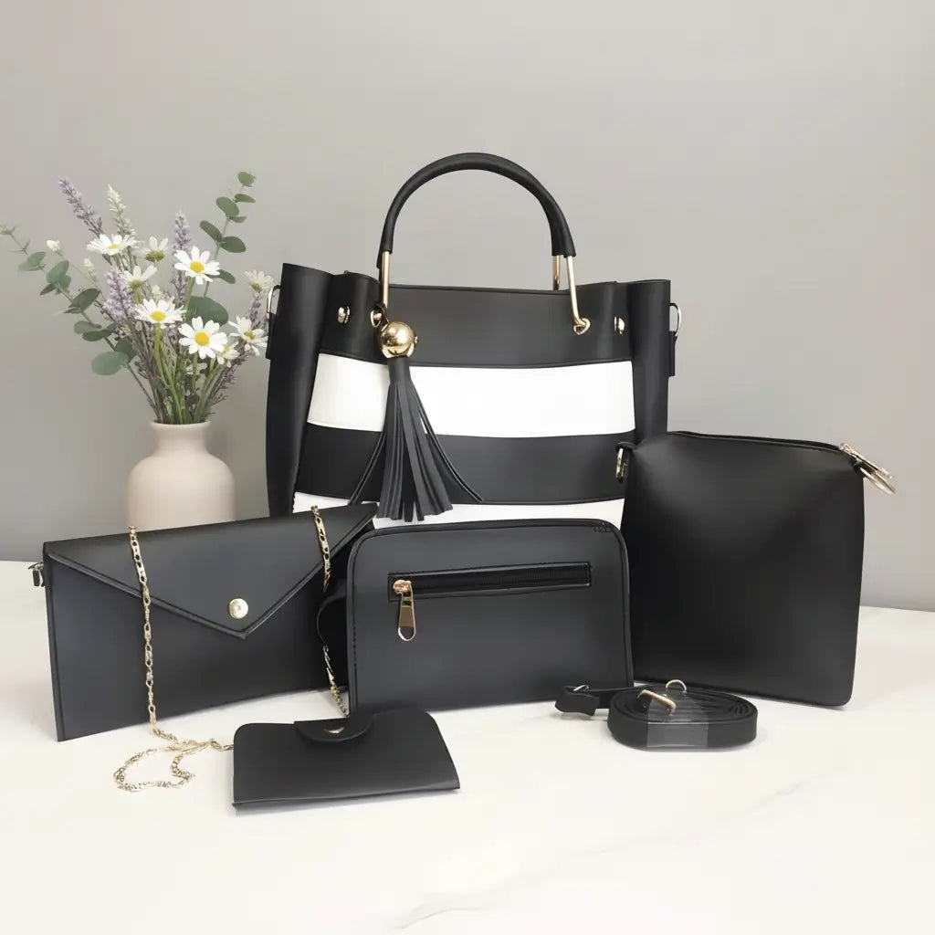Sofia – 5-Piece Black Handbag Set with Gold Accents