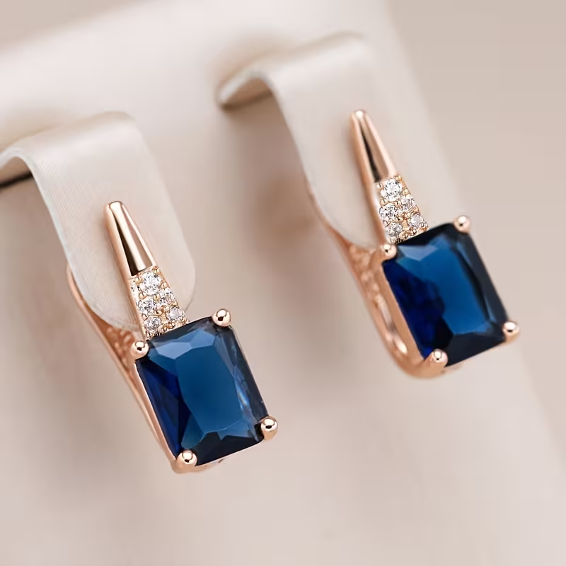 Elegant Blue Square Gold Earrings