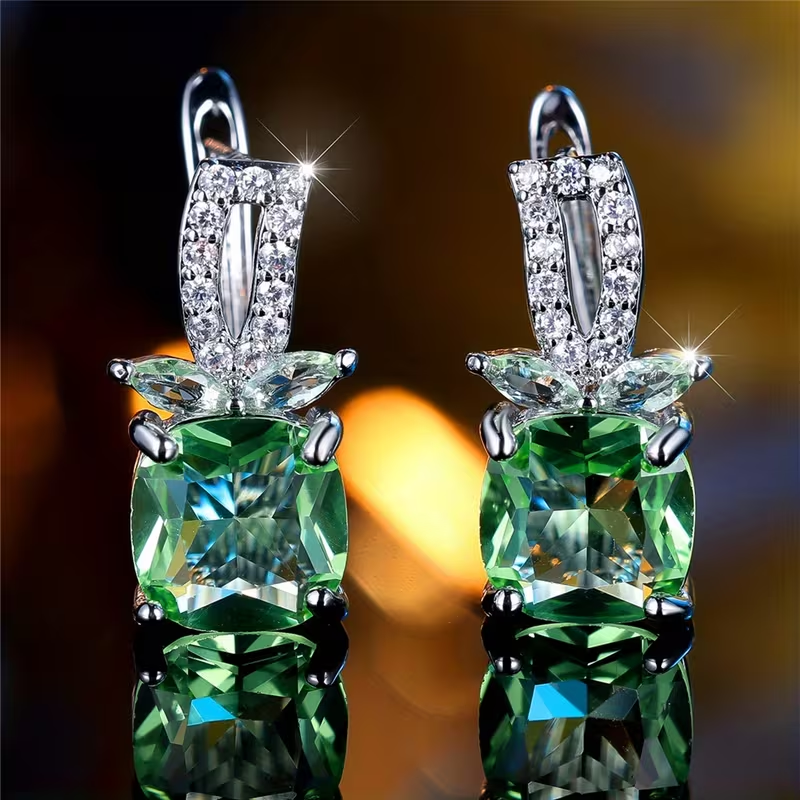 Elegant Green Crystal Cube Silver Earrings
