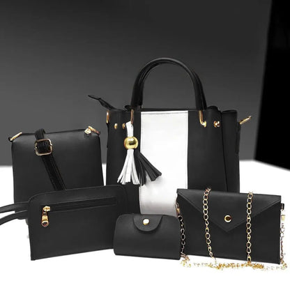 Livia – 5-Piece Black & White Bag Set with Gold Hardware