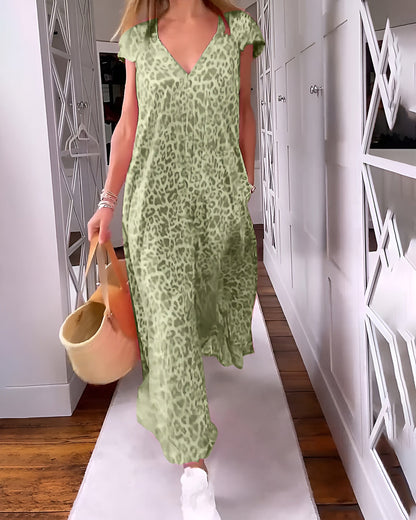 VERONIQUE | Long V-neck dress with short sleeves and printed pattern