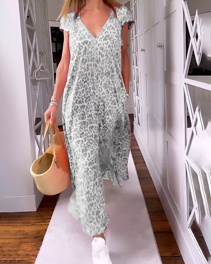 VERONIQUE | Long V-neck dress with short sleeves and printed pattern