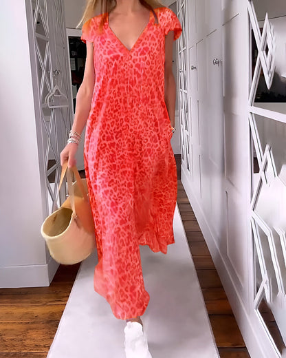 VERONIQUE | Long V-neck dress with short sleeves and printed pattern