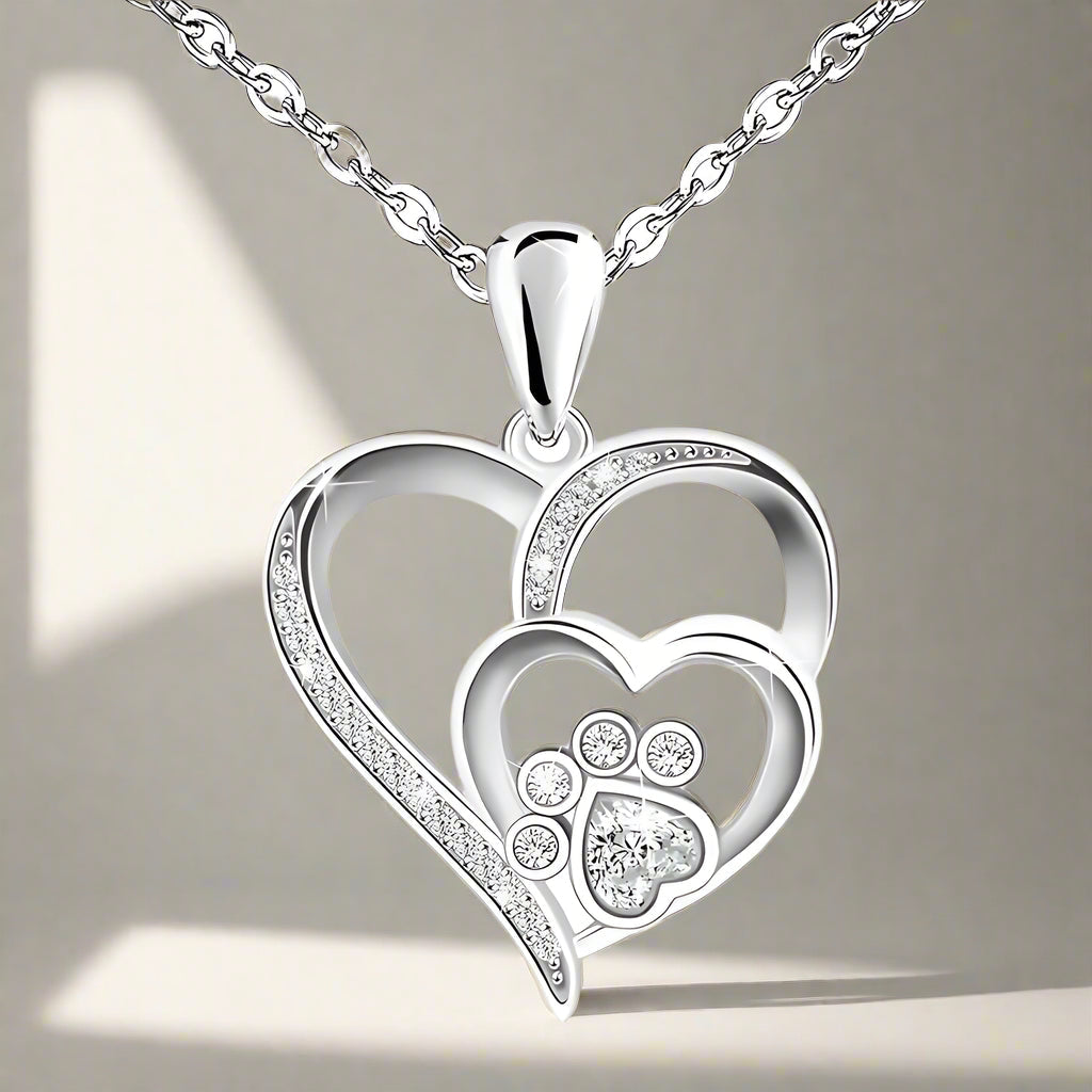 Sterling Silver Necklace with Paw and Heart with Zircons