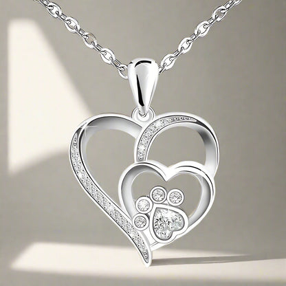 Sterling Silver Necklace with Paw and Heart with Zircons