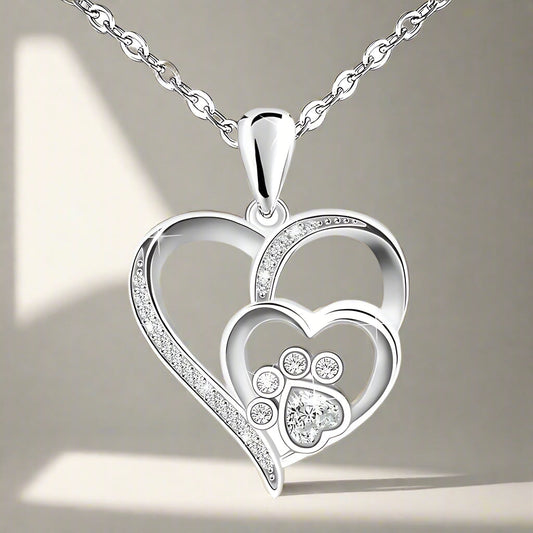 Sterling Silver Necklace with Paw and Heart with Zircons