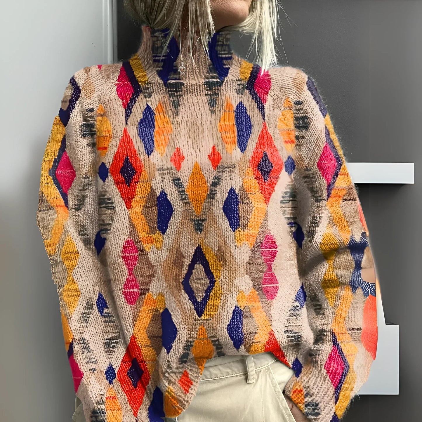 FENNA | Geometric Plaid Knit Sweater