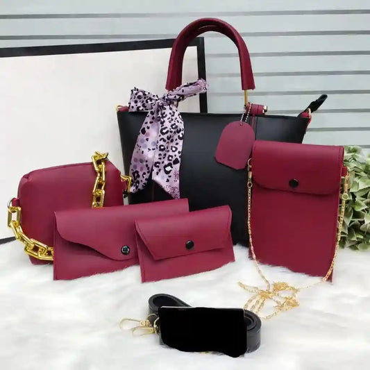 Chic 5-Piece Black and Maroon Handbag