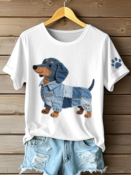 Daisy – Women’s Denim Patchwork Art T-Shirt with Dachshund Pattern