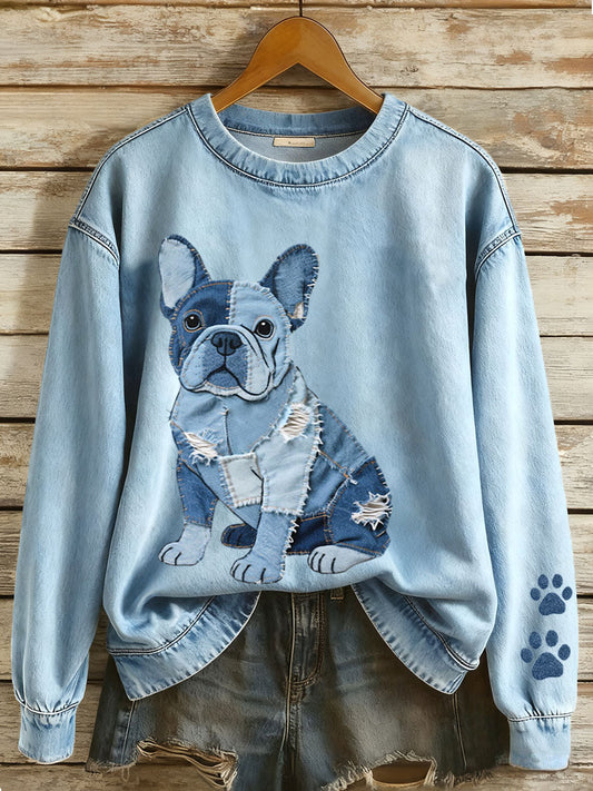 Nina – Women’s Denim Patchwork Hoodie in French Bulldog Style