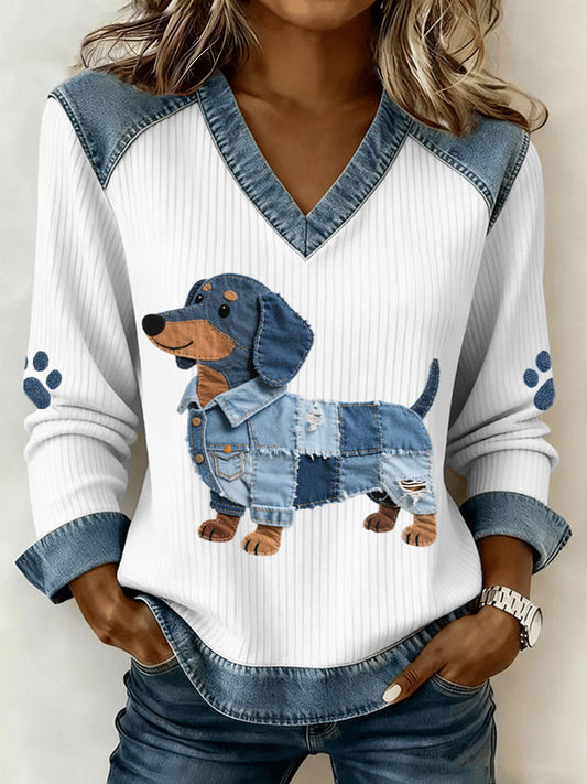Stella – Charming Dachshund Knit Top for Women with Artistic Denim Patchwork and V-Neck