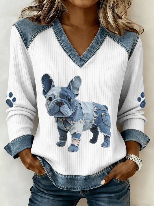 Bonnie – Artistic Women’s Denim Patchwork Top with French Bulldog Design and V-Neck