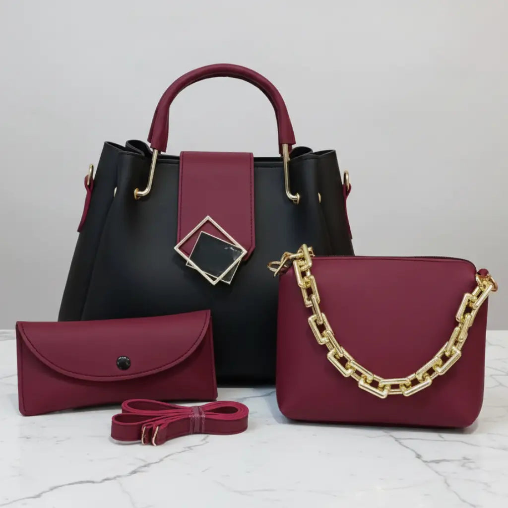 Marina – Chic 3-Piece Burgundy & Black Handbag