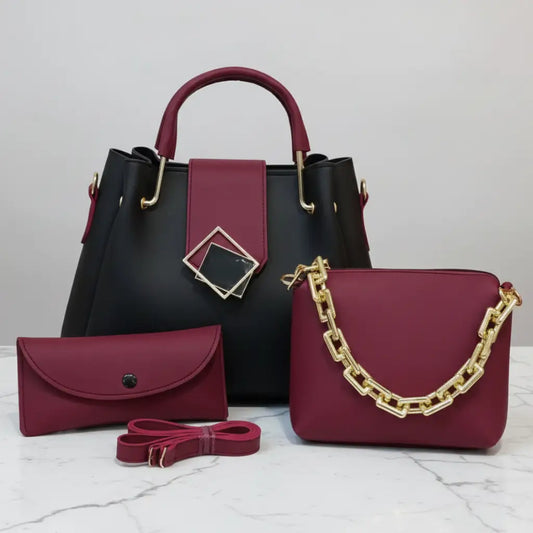 Marina – Chic 3-Piece Burgundy & Black Handbag